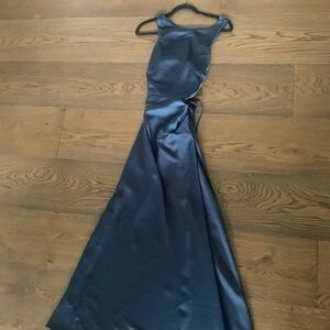 Azazie Atelier Navy Open Back Satin Evening Gown